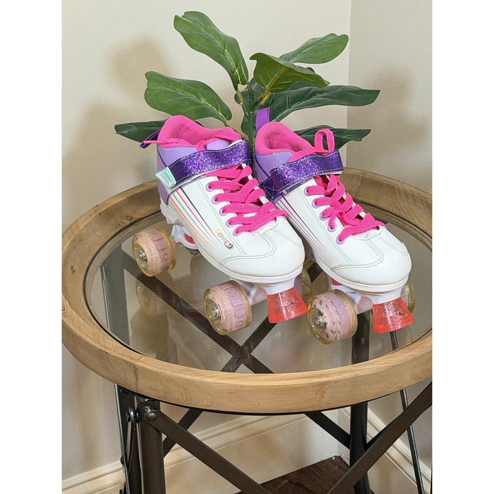 Pacer Comet Youth Girls Quad Roller Skates Size 4 White Pink Purple Glitter